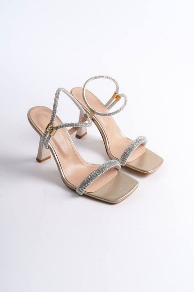 ripuvainen Inessa Women's Stylish Stone Detailed Evening Dress Thin Heeled Shoes - Gold Color