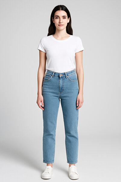 DELDNM Pantaloni Serel albastru deschis pentru femei cu talie înaltă din Lycr...