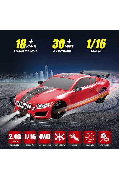 Timebox RC remote control car, , Drift car, 20km/h, LED lights, interchangeable tires, 2 rechargeable batter