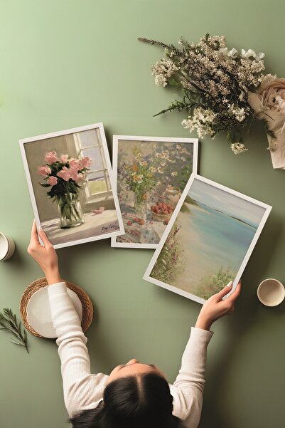 Postifull White Painting Set, 3 Pieces White Framed Poster La Vie En Rose Model No:300877, Pink Wall Decor