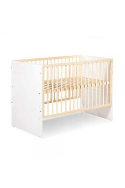 Klups Patut din lemn pentru copii, Willy, Alb-Natur, 120 x 60 cm, 3 niveluri reglare inaltime saltea