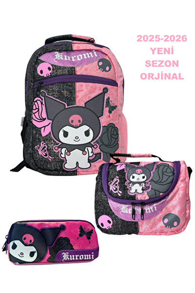 high value Kuromi 3'lü Mercan siyah pembe okul Çantası seti