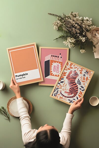 Postifull Wooden Painting Set, 3 Pieces Wooden Framed Poster Tiger Model No:300897, Orange Wall Decor