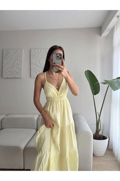 Zoom Butik Sırt Çapraz Askılı Elbise - SARI
