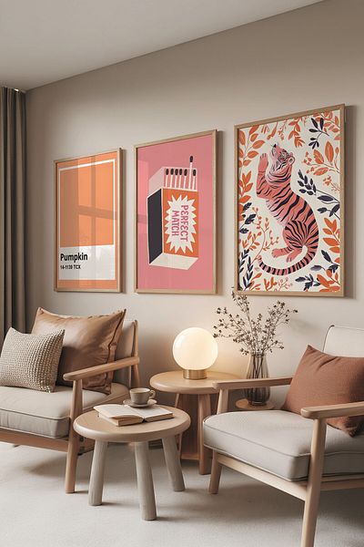 Postifull Wooden Painting Set, 3 Pieces Wooden Framed Poster Tiger Model No:300897, Orange Wall Decor
