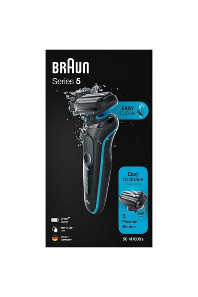 Braun Series 5 50-M1000 Shaver, Battery, 3-blade shaving head, Wet/Dry, Black/Blue