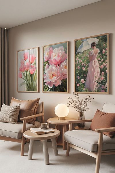 Postifull Wooden Painting Set, 3 Pieces Wooden Framed Poster Pinky Flower Model No:300894, Pink Wall Decor