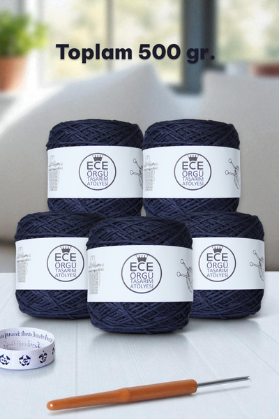 Ece Örgü Tasarım Atölyesi Lacivert renkli, bükümlü, bambu-koton, el örgü ipi. (500 gr.)