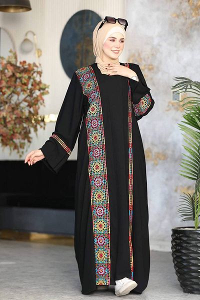 Lyaly aljlabyh "Colors of Life" Jalabiya: An open abaya with vibrant geometric embroidery for a unique look that expresses your bright personality.