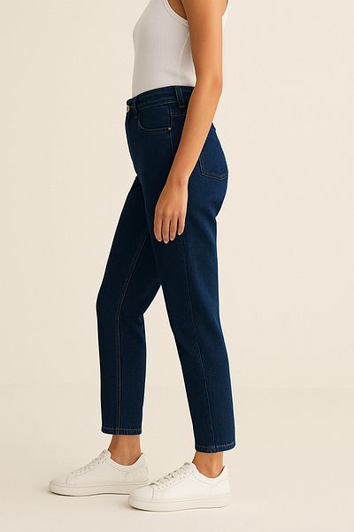 DELDNM Serel Navy Blue Women's High Waist Lycra Mom Jean Trousers - Daily Comfortable Fit