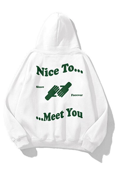 PERISENSE سويت شيرت بقلنسوة للجنسين من Nice To Meet You باللون الأبيض