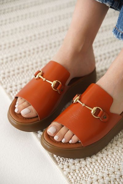 ripuvainen Calibu Women's Genuine Leather Slippers with Buckle Detail - Tile