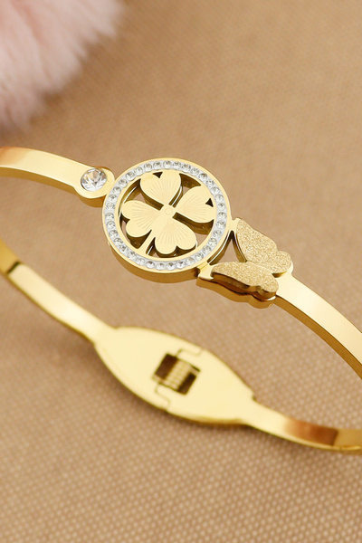 Keyifli Hayaller 316L Çelik Kelepçe Bileklik | Kelebek ve Zirkon Taşlı Yonca ...