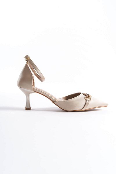 ripuvainen Melora Women's Stylish Buckle Detailed Satin Heeled Shoes Stiletto with Ankle Cuffs - Beige