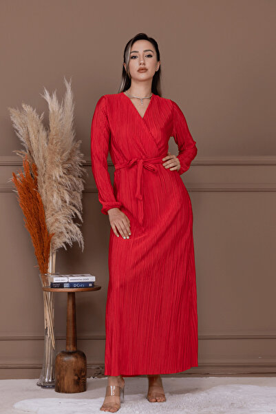 BEYBOS Pliseli Kuşaklı Elbise - KIRMIZI