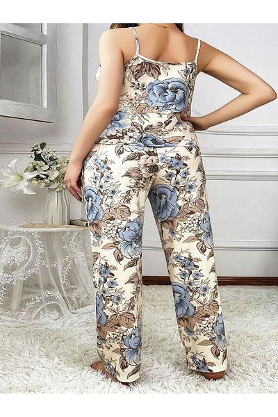 ALFA AKSESUAR 03 Plus Size Blue Floral Pattern Thin Strap 2-Piece Satin Pajamas