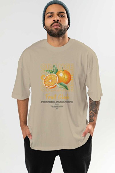 Ankhises Πορτοκαλί μπροστινό εμπριμέ μπεζ μπλουζάκι Oversize Ανδρικό Γυναικείο Βαμβακερό μπλουζάκι με λαιμόκοψη