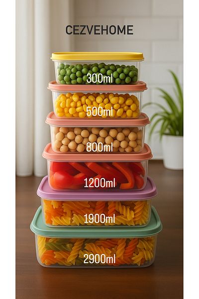 CEZVE HOME Set of 6 Rectangular Food Storage Containers Microwave and Deep Freezer Suitable Multipurpose Storage Container