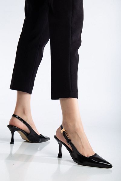 Modaarmada Black Patent Leather Gold Single Buckle Women's High-Heeled Shoes
