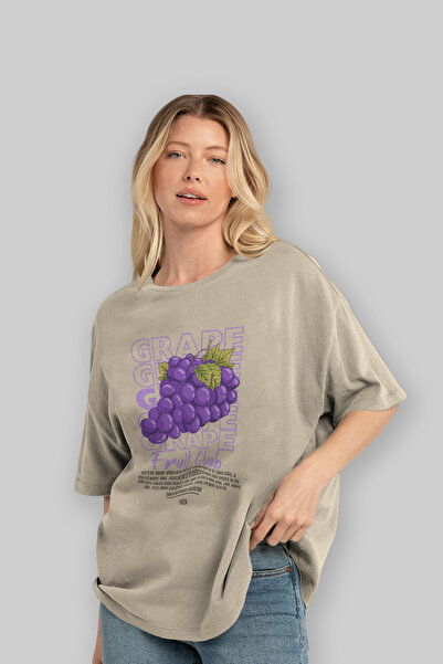 Ankhises Μπλουζάκι με μπροστινό στάμπα μπεζ oversize ανδρικό γυναικείο βαμβακερό μπλουζάκι με λαιμόκοψη