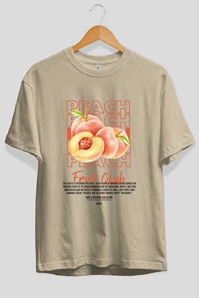 Ankhises Μπλουζάκι με μπροστινό στάμπα Peach Beige Oversize Ανδρικό Γυναικείο Βαμβακερό μπλουζάκι με λαιμόκοψη