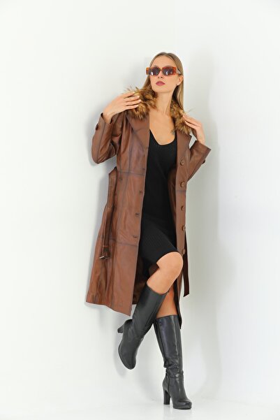 LAKECH LEATHER Women's Leather Coat with Fur Collar and Belt