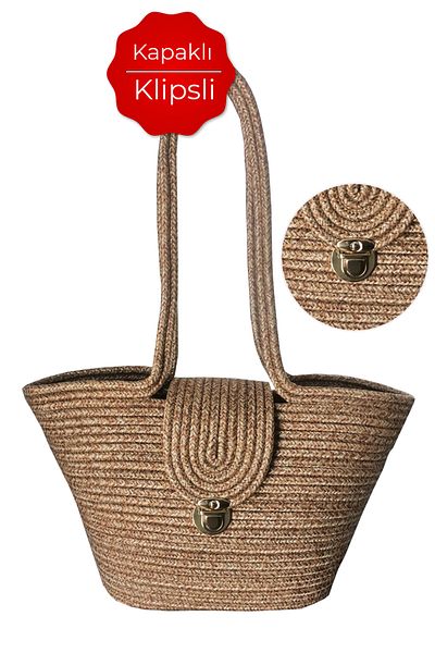 Bevella Macrame Cord Natural Straw Jute Beach Bag with Flap and Clip, Gorgeous Bag