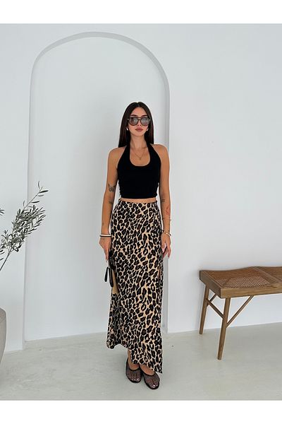 FEWTİNT Slit Detailed.Elastic Waist.Relaxed Fit Leopard Skirt
