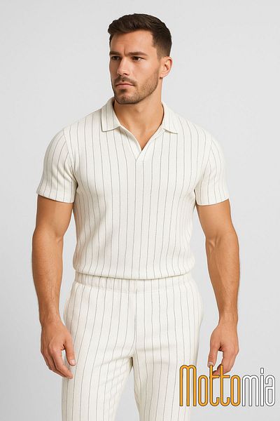 mottomia Men's Striped White Polo Neck Oversize Waffle Fit Tshirt (T-Shirt)