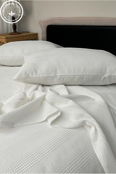 VESSİNOHOME 100% Cotton Pique Set Battal Border 1 Breathable Pique + 2 Soft Pillowcases, Anti-Sweat