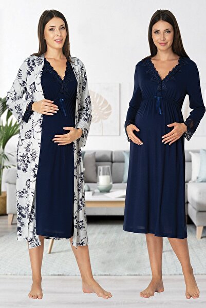 Lohussa Set cămașă de noapte pentru femei, albastru bleumarin, cu model speci...