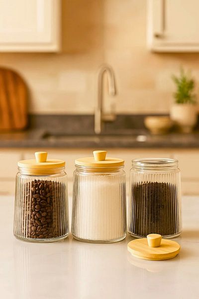 Woodcept Set of 3 Bamboo Vacuum Lid Glass Tea Sugar Coffee Salt Storage Jar, Storage Container 1300 ml