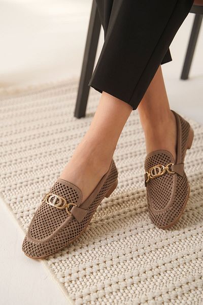 ripuvainen Jovira Women's Suede Knitwear Buckle Detailed Casual Loafer Shoes - Mink