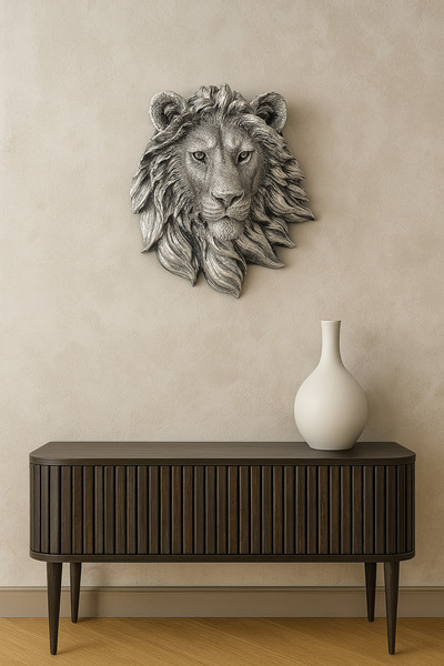 Eymen Hobi Dekoratif Gümüş Aslan Başı Duvar Biblosu – 3D Heykel Duvar Dekoru