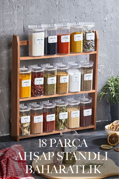 polbo 18 Piece Spice Rack Set with Wooden Stand 300ml – with Tag Gift