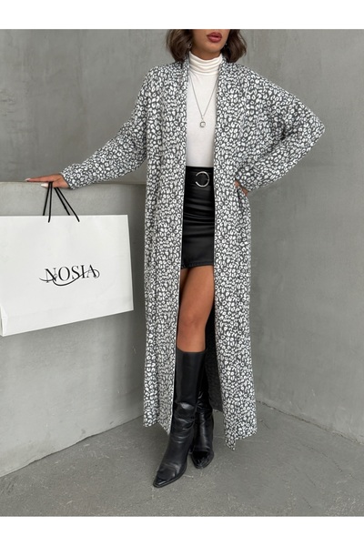Nosia Women's Leopard Patterned Shawl Collar Maxi Size Knitwear Cardigan