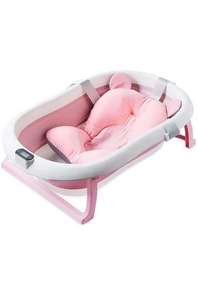NEXIFY Baby Foldable Bath Tub with Bathmat Cushion & Thermometer, Portable Baby Bathtub with Drain [pink]