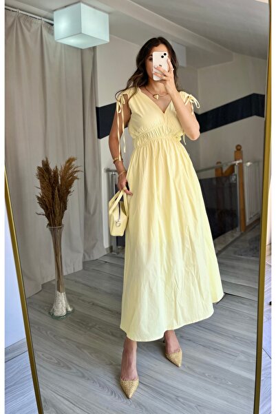 Starmount Butik Kısa Kol Omuzdan Büzgülü V yaka Poplin Gömlek Kumaş Günlük Uzun Elbise