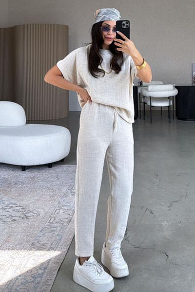 mottomia Women's Bottom Top Raw Muslin Sanforized Fabric Loose Cut Oversize Suit