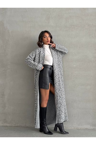 Nosia Women's Leopard Patterned Shawl Collar Maxi Size Knitwear Cardigan