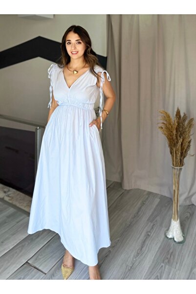 Starmount Butik Kısa Kol Omuzdan Büzgülü V yaka Poplin Gömlek Kumaş Günlük Uzun Elbise