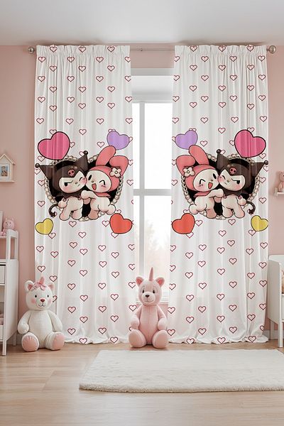 EVPANYA Kuromi and My Melody Colorful Hearts Patterned Children's Baby Room Background Curtain (Single Wing Pricing)