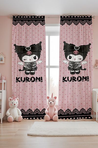 EVPANYA Pink Hearts and Kuromi Patterned Children's Baby Room Background Curtain (Single Wing Pricing)