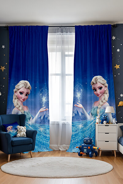 EVPANYA Mavi Elsa Desenli Çocuk Bebek Odası Fon Perde (Tek Kanat Fiyatlandırma)