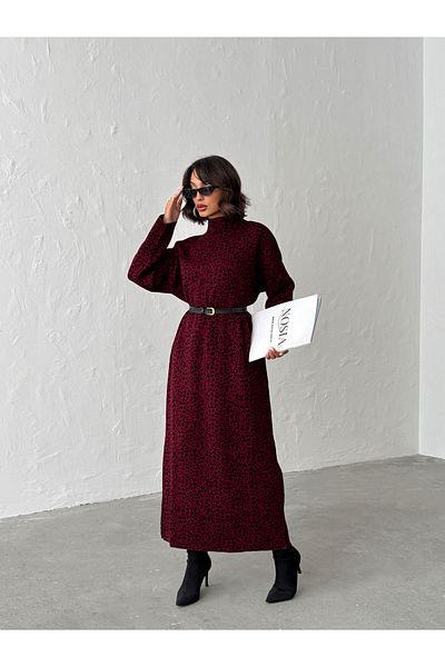 Nosia Women's Turtleneck Leopard Patterned Maxi Size Knitwear Dress