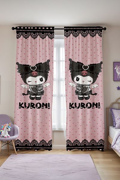 EVPANYA Pink Hearts and Kuromi Patterned Children's Baby Room Background Curtain (Single Wing Pricing)