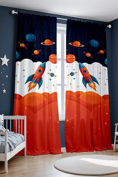 EVPANYA Navy Blue Red Space Patterned Children's Baby Room Background Curtain (Single Wing Pricing)