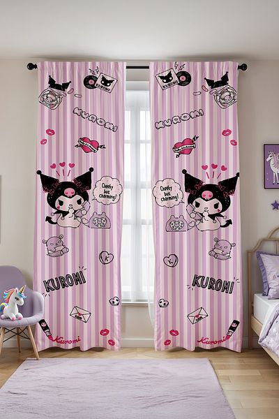 EVPANYA Lilac Striped Kuromi Patterned Children's Baby Room Background Curtain (Single Wing Pricing)