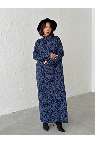 Nosia Kadın Balıkçı Yaka Leopar Desenli Maxi Boy Triko Elbise