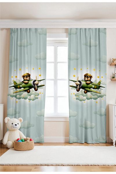 EVPANYA Green Airplane Teddy Bear Patterned Children's Baby Room Background Curtain (Single Wing Pricing)